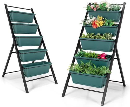 Miniatura 10 de Giantex Maceta vertical elevada, camas de jardín elevadas con orificio de drenaje de agua, cajas independientes de 5 contenedores para cultivo