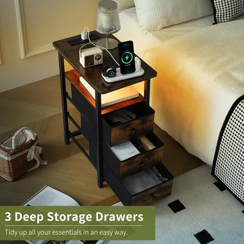 Miniatura 6 de Yoobure Mesa Auxiliar con Estación de Carga, Mesa Auxiliar Estrecha LED para Cama, Mesa Nocturna Pequeña para Sala de Estar, Mesita de Noche delgada