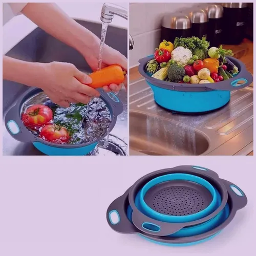 Miniatura 8 de Colador redondo de silicona azul plegable – Colador de cocina plegable pequeño colador plegable azul con asas de plástico para drenar verduras