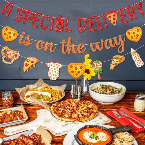 Miniatura 4 de Banner con texto en inglés «A Special Delivery Is on the Way» Decoraciones para fiestas de pizza, entrega especial, pizza, baby shower, baby shower