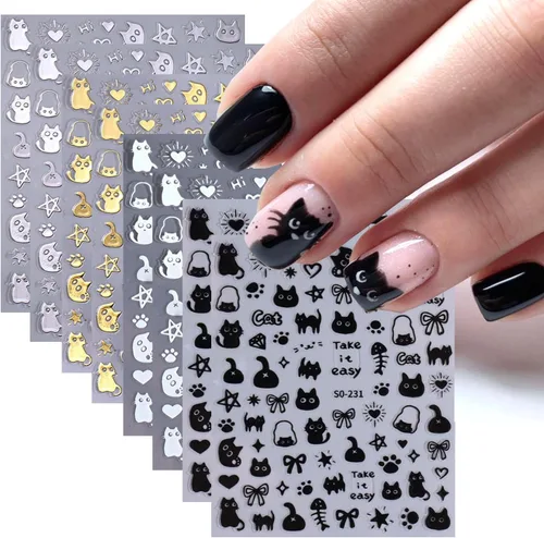 Calcomanías de uñas de gato, 8 hojas de calcomanías autoadhesivas 3D con diseño de gato dorado, plateado, negro, blanco, para niños, niñas, mujeres,
