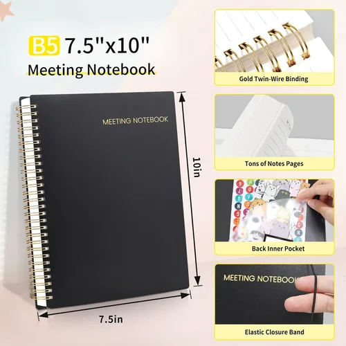Miniatura 4 de SUNEE Cuaderno de reuniones para el trabajo con pestañas adhesivas, 160 páginas, planificador de proyectos de tamaño B5, cuaderno organizador