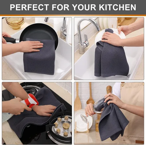 Miniatura 4 de Kitinjoy - Paños de cocina de 100 % algodón, tela de tejido gofrado, paño de limpieza ultrasuave, absorbente y de secado rápido. Gris Oscuro