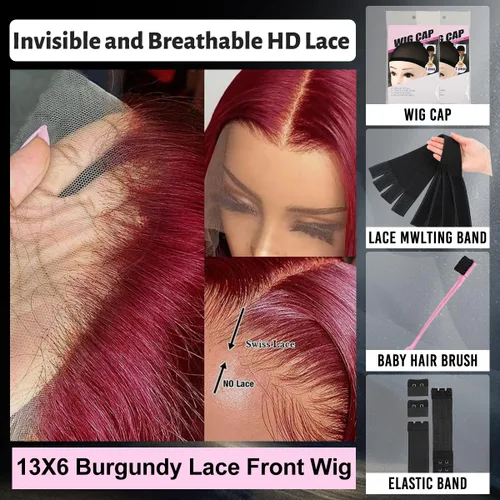 Miniatura 6 de Pelucas de cabello humano con encaje frontal color borgoña 99J, pelucas onduladas sueltas de 13 x 6, peluca de cabello humano burdeos de 22 pulgadas