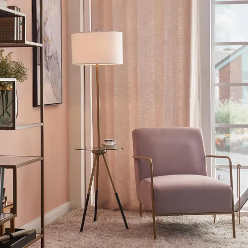 Miniatura 2 de Versanora Myra - Lámpara de pie con trípode de lectura moderna con puerto USB y mesa de cristal, pantalla blanca, acabado negro