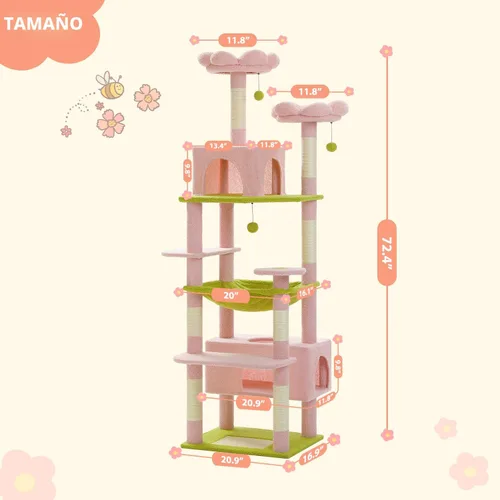 Miniatura 8 de PAWZ Road Árbol de flores para gatos, torre grande para gatos de 72 pulgadas con hamaca de marco de acero y 7 postes rascadores, árbol alto para Rosa