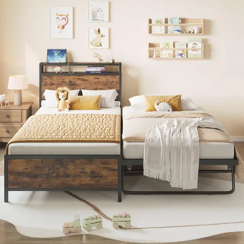 Miniatura 7 de IRONCK Sofá cama individual con nido, marco de cama de metal resistente con cabecera de almacenamiento y estación de carga, cama nido desplegable