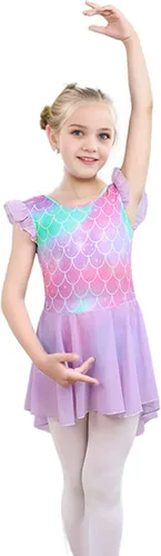Miniatura 4 de iLover Vestido de leotardo clásico con mangas con volantes para niñas, para danza, gimnasia y ballet