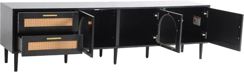 Miniatura 8 de JIVOIT Moderno soporte de TV de ratán para televisores de hasta 80 pulgadas, mesa consola inspirada en ratán con 3 gabinetes y 2 cajones, armario