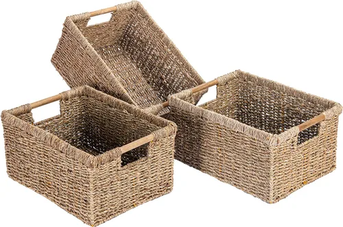 Miniatura 11 de Cesta de hierba marina natural con mango de madera, cesta de mimbre rectangular mediana para sala de estar, 12.2 x 8.9 x 6.7 pulgadas, paquete de 3
