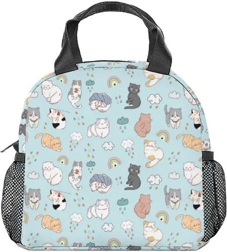Lonchera para gatos y adolescentes, lonchera aislada para niñas, bonita lonchera azul con bolsillos, bolsa de almuerzo reutilizable mediana para la