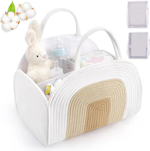Miniatura 7 de Organizador de pañales para bebé, cesta de regalo de cuerda de algodón, organizador de pañales portátil para cambiador, organizador de Rosa oscuro