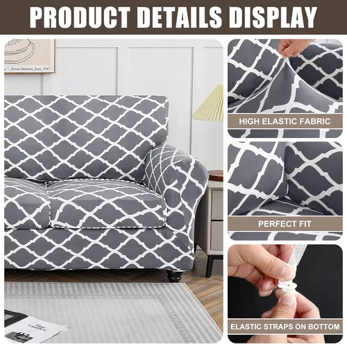 Miniatura 5 de SearchI - Funda de sofá elástica con estampado floral, 3 piezas, incluye 2 fundas de cojín independientes, protector lavable para muebles de sala