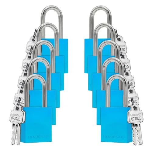TRADESAFE Juego de cerraduras de bloqueo y etiquetado – 10 cerraduras de aluminio azul, candados de bloqueo con llave igual, 2 llaves por candado de