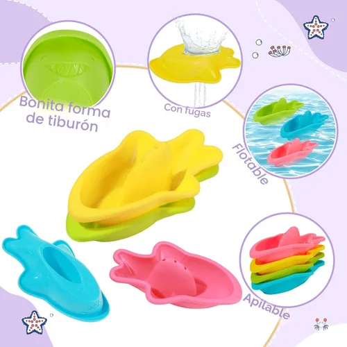 Miniatura 4 de Juguetes de baño sin moldes, 11 piezas Botes flotantes seguros, fáciles de limpiar y divertidos & cuchara & regadera y juguete de ballena