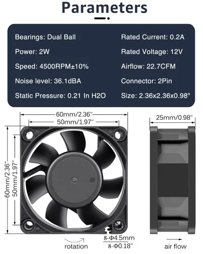Miniatura 2 de GDSTIME Paquete de 2 rodamientos de bolas dobles de 2.362 in x 2.362 in x 0.984 in, 12 V, ventilador de enfriamiento sin escobillas de CC de 2 pines