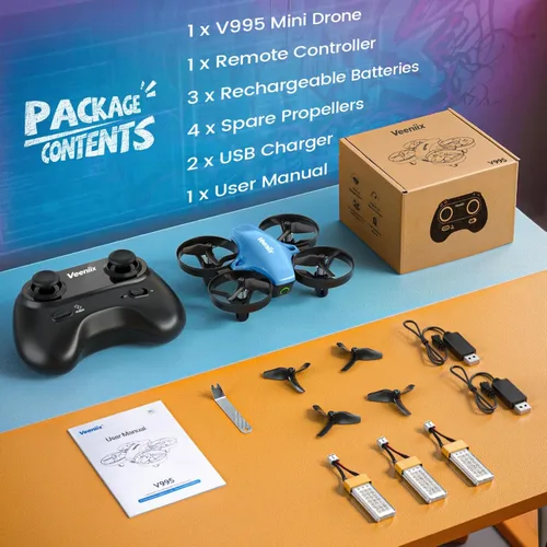 Miniatura 6 de Veeniix V995 Mini drones para niños de 14+ y principiantes, cuadricóptero RC de interiores, pequeño avión helicóptero con giros 3D, rotación