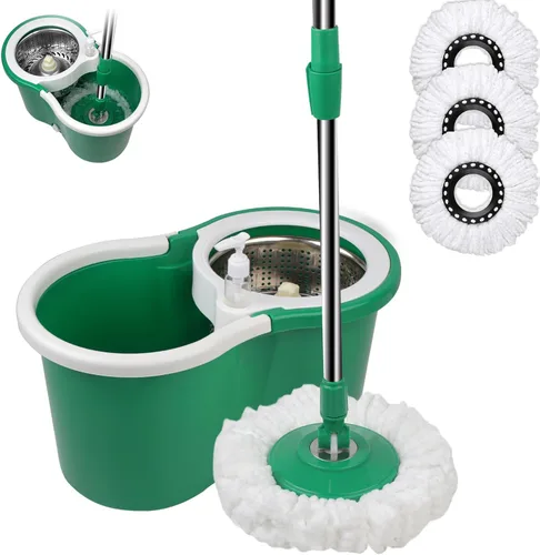 Miniatura 12 de Juego de trapeador giratorio y cubo con escurridor, sistema de cubo de trapeador giratorio de 360° con 3 cabezales de repuesto de microfibra, mango