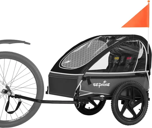 Sepnine Remolque de bicicleta para niños, adecuado para 1 a 2 niños, 12 meses en adelante, fijación rápida a la bicicleta, plegable, con arnés de 5