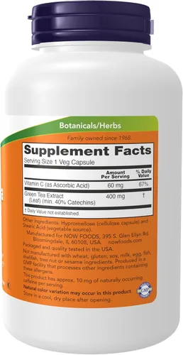 Miniatura 2 de Suplementos NOW Foods, extracto de té verde 400 mg con vitamina C para dieta, protección celular*, 250 cápsulas vegetales