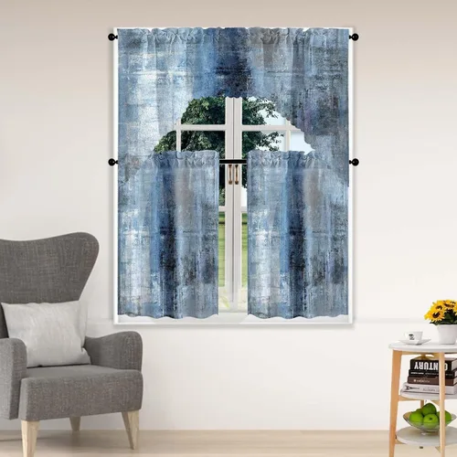 Miniatura 14 de Blue & Swag - Juego de 3 cortinas para ventana de cocina, cenefa de arte abstracto gris con bolsillo para barra para cocinas modernas