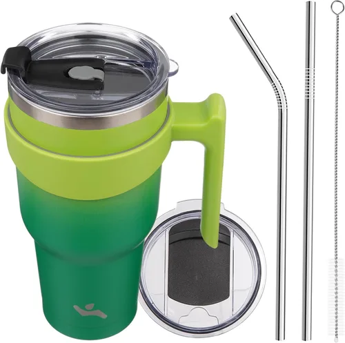 Miniatura 85 de Konokyo - Vaso de 10 onzas con asa y 2 popotes, 2 tapas, botella de agua aislada de acero inoxidable, taza de viaje reutilizable, color verde militar