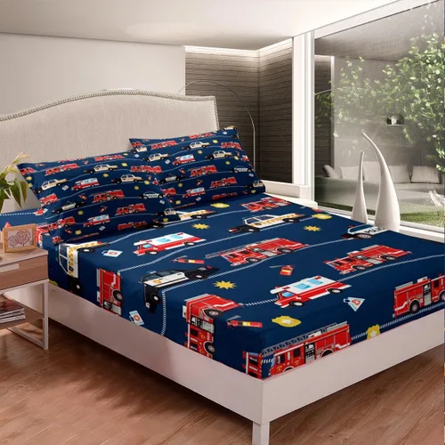 Miniatura 3 de Juego de sábanas para cama de coche de bomberos, juego de sábanas de coche de policía con bolsillo profundo, sábana bajera ajustable para decoración