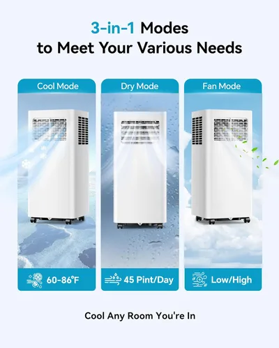 Miniatura 4 de Feelfunn Aire acondicionado portátil de 8000 BTU, 3 en 1, enfría 350 pies cuadrados, CA silenciosa con ventilador y deshumidificador, pantalla LED