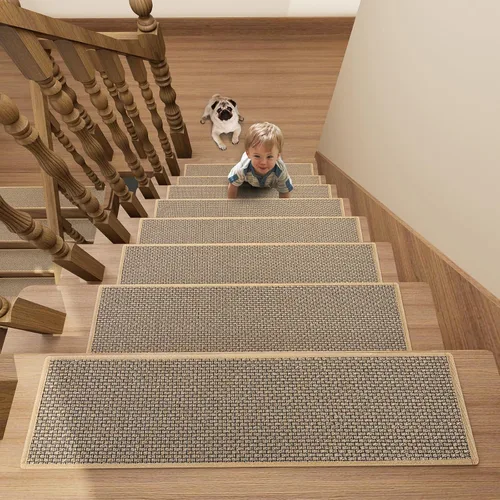 Miniatura 10 de Alfombras para escalones de madera, alfombra antideslizante para peldaños con respaldo de goma, alfombras antideslizantes de poliéster suaves