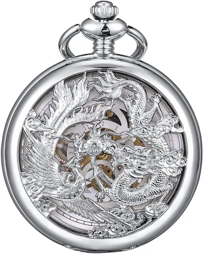 Miniatura 9 de ManChDa Antique Mechanical Pocket Watches for Men Lucky Dragon Phoenix Pocket Watch with Chain Skeleton Dial Roman Numerals Gifts for Fathers Day
