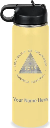 Miniatura 22 de LaserGram Botella de agua personalizada, bandera de Nicaragua, acero inoxidable de doble pared aislada al vacío con popote superior, regalo grabado