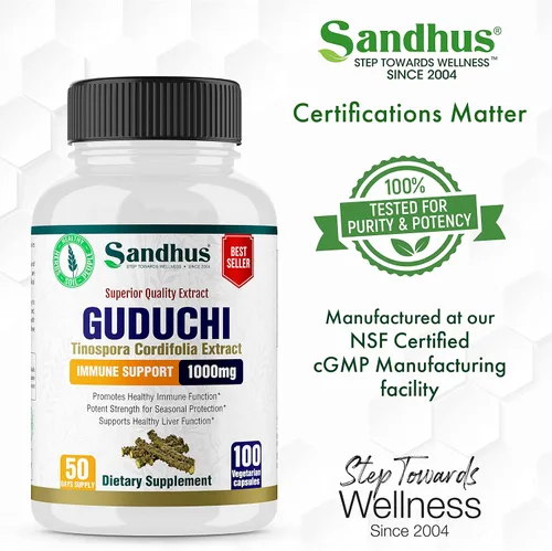 Miniatura 5 de Sandhu's Guduchi (Tinospora Cordifolia) Giloy 100 cápsulas vegetarianas de apoyo inmunológico 1000mg por porción