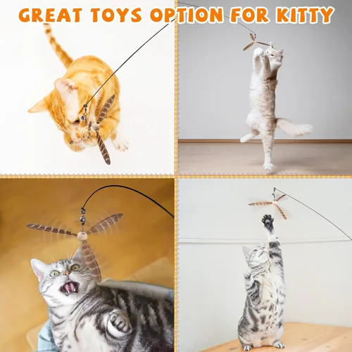 Miniatura 5 de JXFUKAL Juguetes de varita para gatos, juguetes interactivos para gatos con 3 recargas de plumas, alambre de acero flexible de 29'', mango de madera
