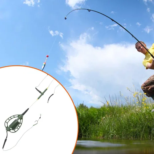 Miniatura 4 de Alimentador de jaula de cebo de pesca de carpa con plataformas de gancho de alambre, dispositivo de trampa de anidación de línea larga