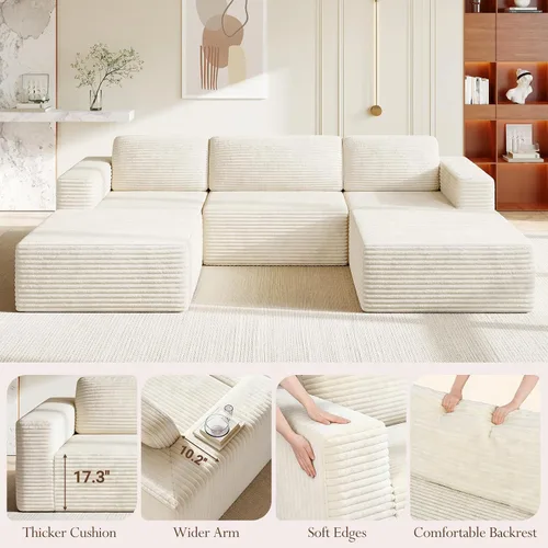 Miniatura 7 de Vesgantti Sofá modular en forma de U de 119 pulgadas, sofá modular de pana con asiento profundo y soporte de resortes, sofá convertible con 2 Beige