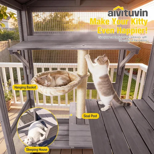 Miniatura 2 de Aivituvin Catio - Recinto para gatos al aire libre con 7 plataformas, 2 cajas de descanso, casa para gatos con ventana grande para 4-6 gatos Gris