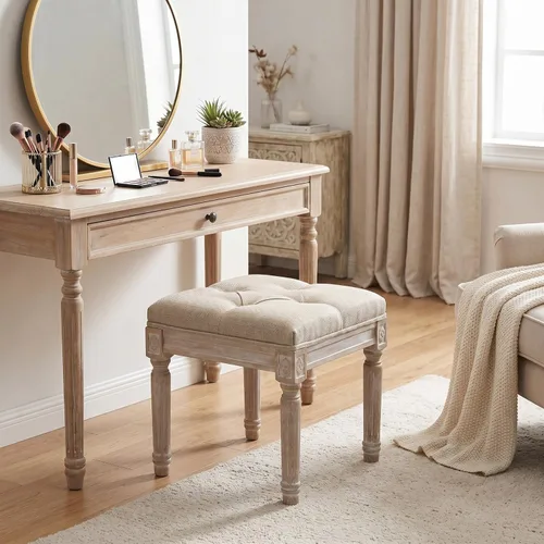 Banco de entrada vintage francés de tela de lino, asiento otomano pequeño con patas de madera para piano/entrada, dormitorio, sala de estar, pasillo