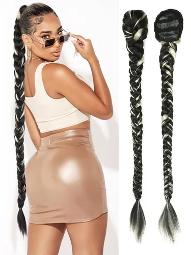 WIGER Cola de caballo trenzada de 34 pulgadas para mujeres negras, colas de caballo largas con cordón para bricolaje, Yaki liso negro y blanco,
