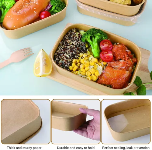 Miniatura 3 de 50 juegos de tazones de papel kraft desechables de 17 oz con tapas, recipientes de papel para alimentos rectangulares con tapas, ensaladeras