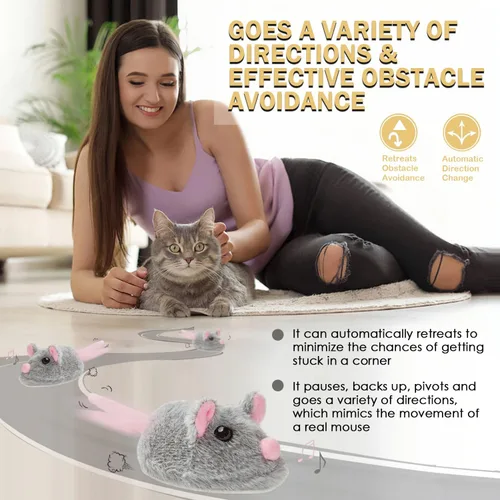 Miniatura 4 de Cat Toys - Ratón móvil recargable chirriante con cola mágica dinámica, mouse de juego automático interactivo para gatos de interior, juguetes Gris