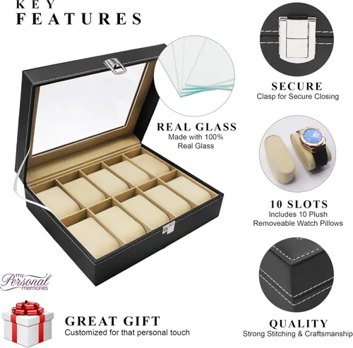 Miniatura 5 de My Personal Memories Caja de almacenamiento de reloj personalizada personalizada vitrina de cristal para hombres, él, esposo, grabado y monograma