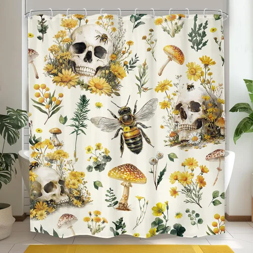 Cortina de ducha gótica con calavera, 60 pulgadas de ancho x 72 pulgadas de alto, estilo rústico boho, con hongos amarillos, flores, abejas,