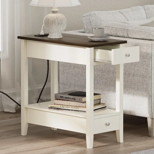 Miniatura 2 de Treocho Juego de 2 Mesas Auxiliares de Estilo Rústico para Sala de Estar, Mesa Lateral Estrecha con Estación de Carga, Mesa de Color Blanco Suave