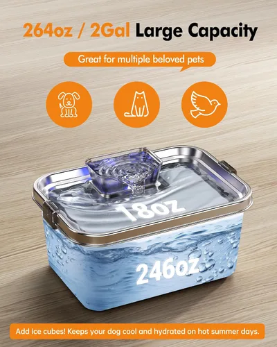 Miniatura 2 de Fuente de agua para perros de 2 galones, fuente de agua de acero inoxidable para perros grandes, múltiples gatos, fuente de agua para mascotas