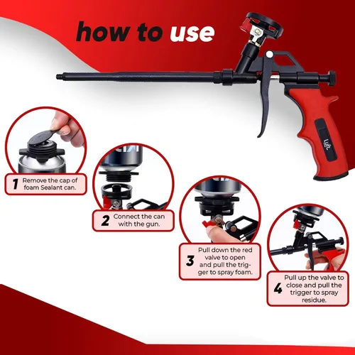 Miniatura 4 de Paquete de 4 Pistolas Profesionales de Espuma Expansiva en Aerosol Luft (4 Pistolas + 36 Puntas y Herramientas) Aplicador Aislante de PU Cuerpo