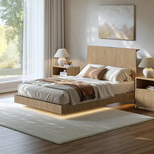 Miniatura 3 de Evermagin Base de cama flotante de tamaño matrimonial con cabecero, cama de plataforma acanalada bohemia con luces LED, marco de cama flotante
