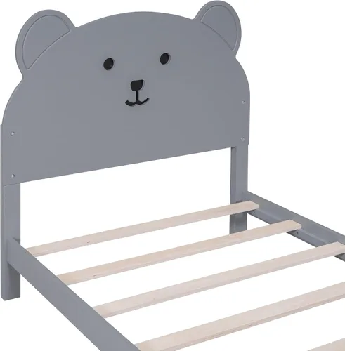 Miniatura 7 de Cama de plataforma de madera de tamaño individual con cabecero y estribo en forma de oso, sin ruido, para niños, adolescentes, niños y niñas,
