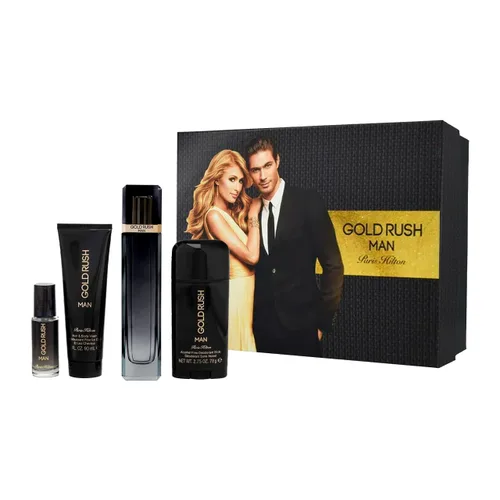 Gold Paris Hilton Gold Rush Man Men 3.4oz EDT Spray, 0.5oz EDT Spray, 3.0oz Hair Body Wash, 2.75oz libre de alcohol, desodorante en barra 4 piezas