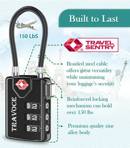 Miniatura 5 de Search Alert - Cerraduras de cable de equipaje de combinación de viaje aprobadas por la TSA para maleta, casillero de gimnasio, caja