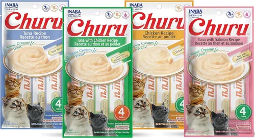 INABA Churu Lickable Purée Golosinas naturales para gatos (paquete variado de atún y pollo, 16 tubos)